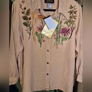 Bob Mackie Beige Floral Embroidered Button Down Shirt - Flawed